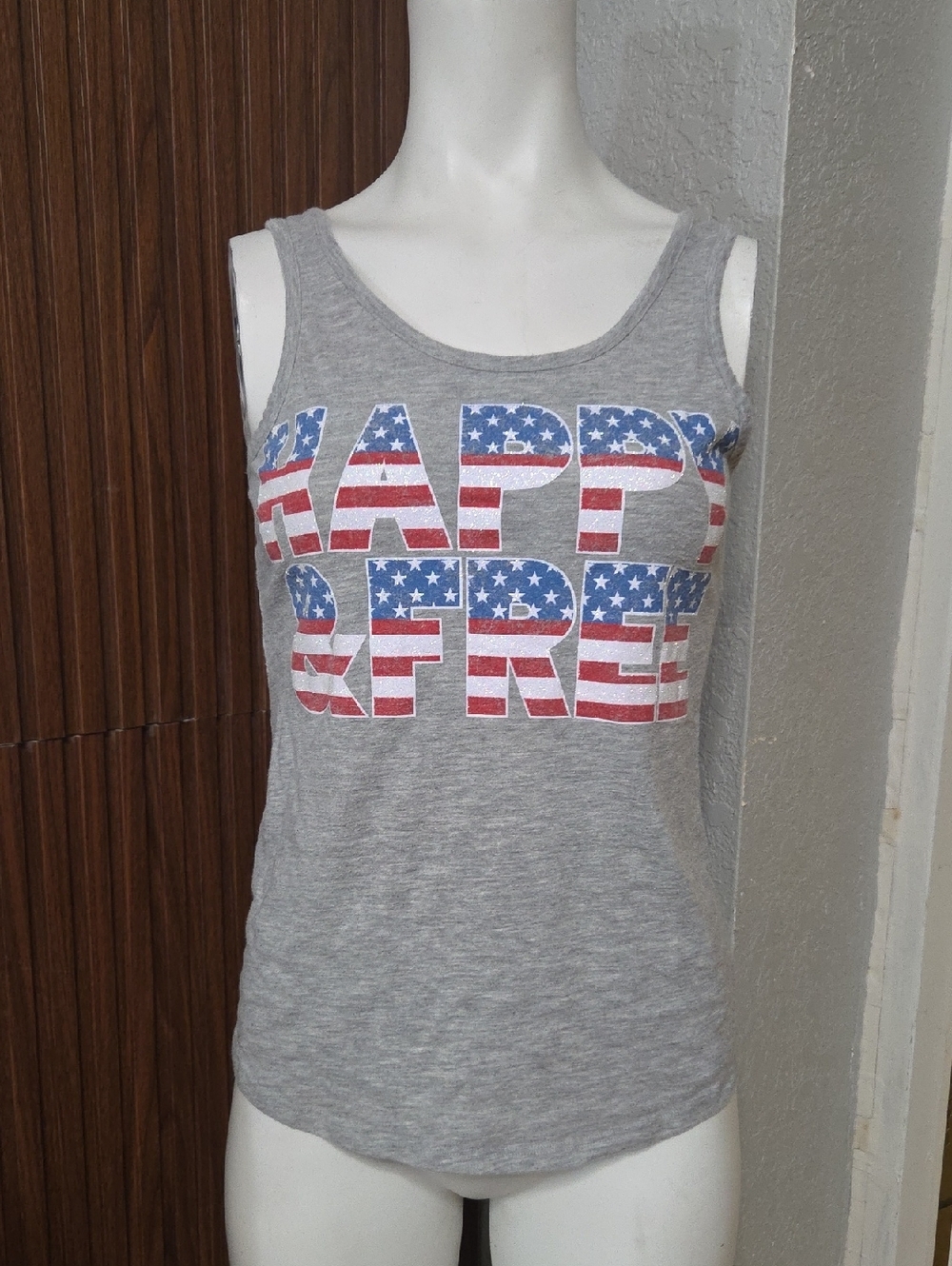 Girls 4th of July Patriotic Tank Top Gray Happy & Free Graphic Shirt 14 [0139]